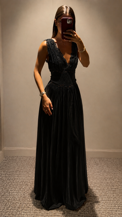 Lace Trim Smocked Waist Maxi Dress