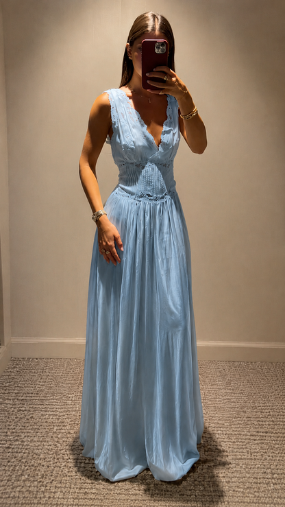 Lace Trim Smocked Waist Maxi Dress