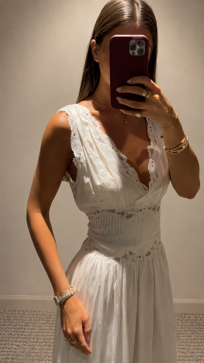 Lace Trim Smocked Waist Maxi Dress