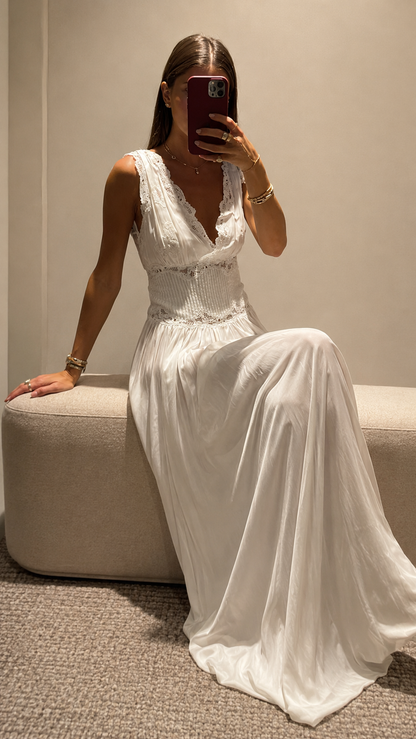 Lace Trim Smocked Waist Maxi Dress
