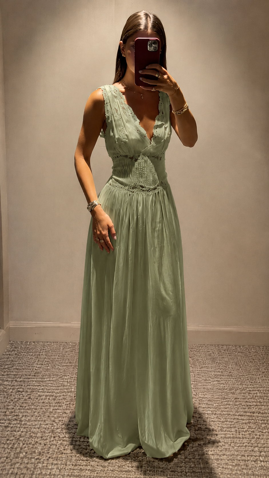 Lace Trim Smocked Waist Maxi Dress