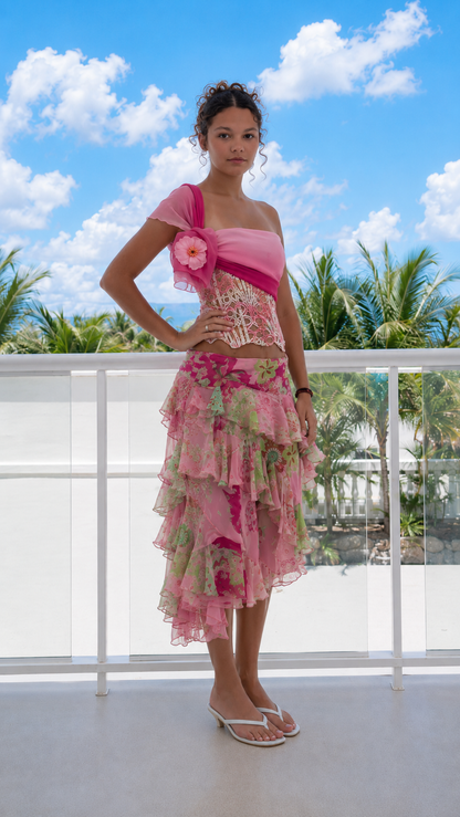 Pink Floral Ruffle Skirt Set with One-Shoulder Flower Detail