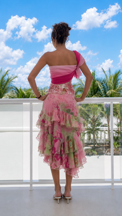 Pink Floral Ruffle Skirt Set with One-Shoulder Flower Detail