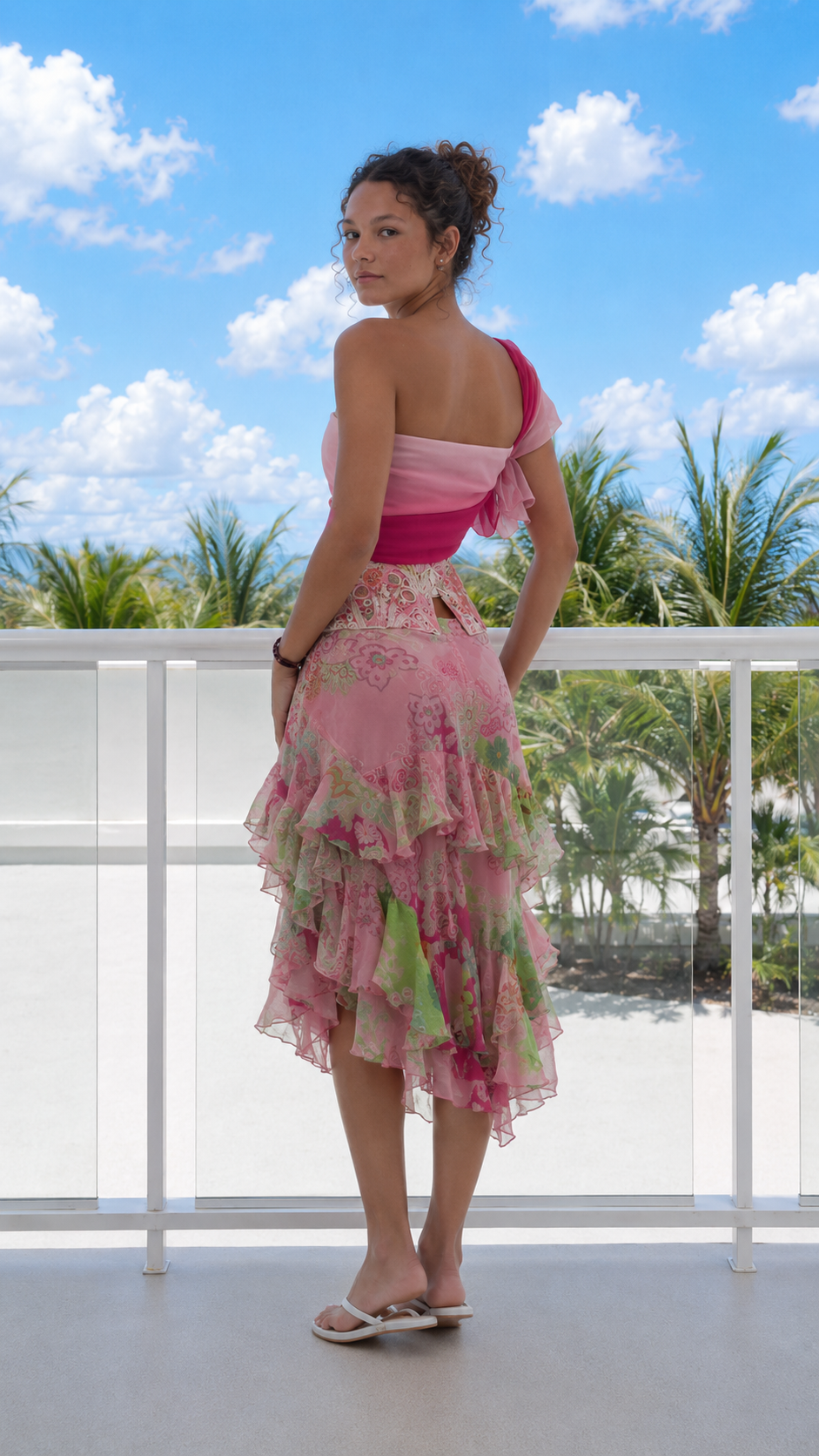 Pink Floral Ruffle Skirt Set with One-Shoulder Flower Detail