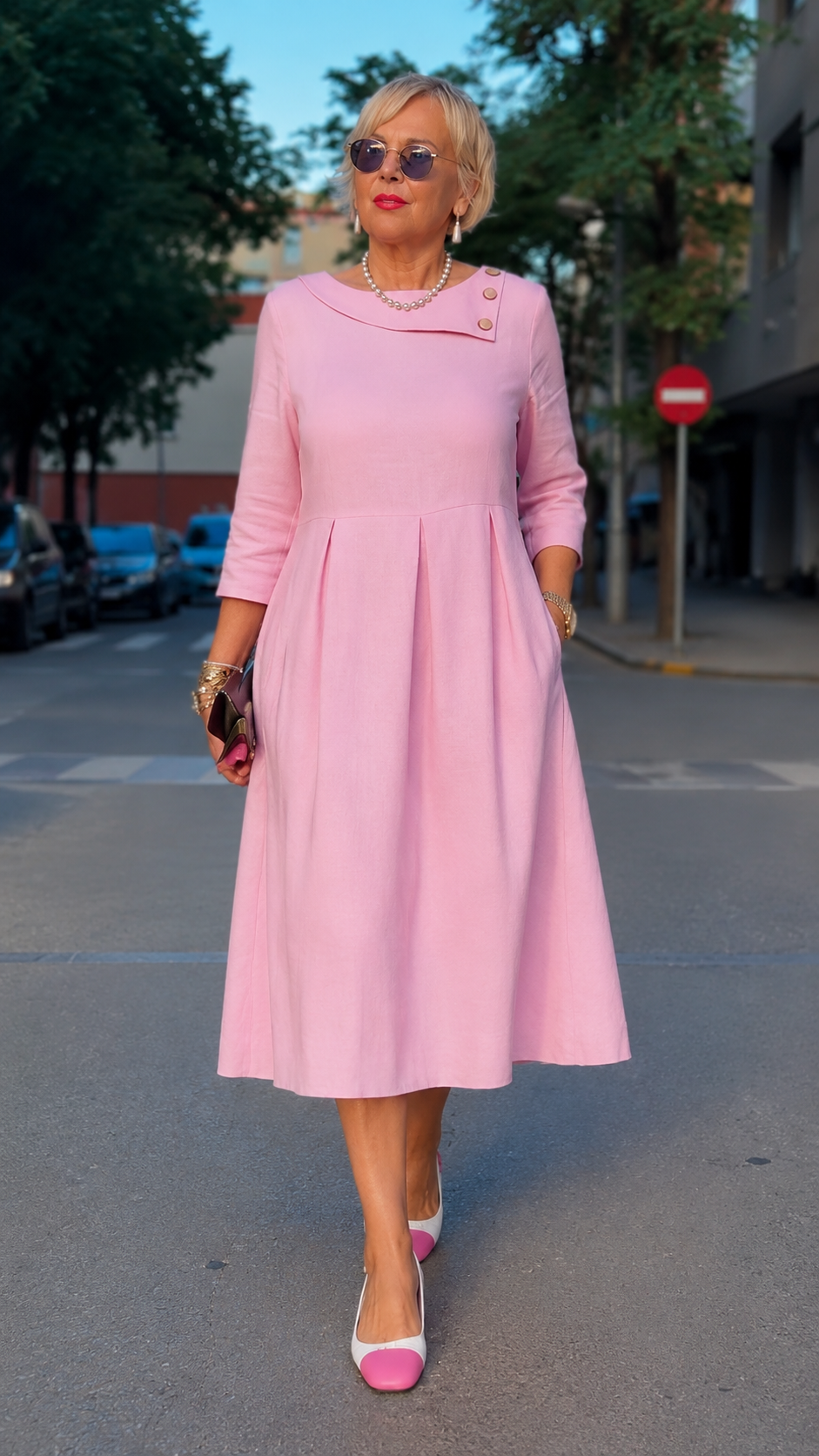 Elegant Pink Pleated Midi Dress with Button Collar Detail