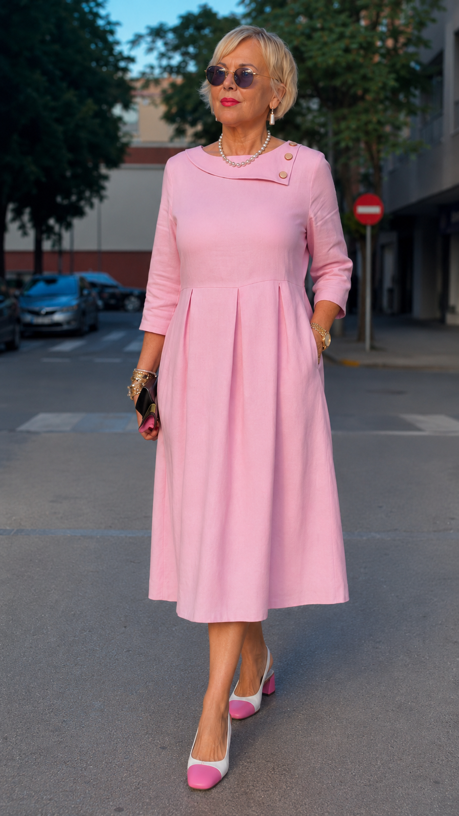 Elegant Pink Pleated Midi Dress with Button Collar Detail
