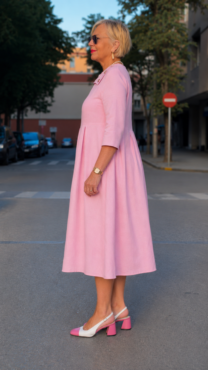 Elegant Pink Pleated Midi Dress with Button Collar Detail