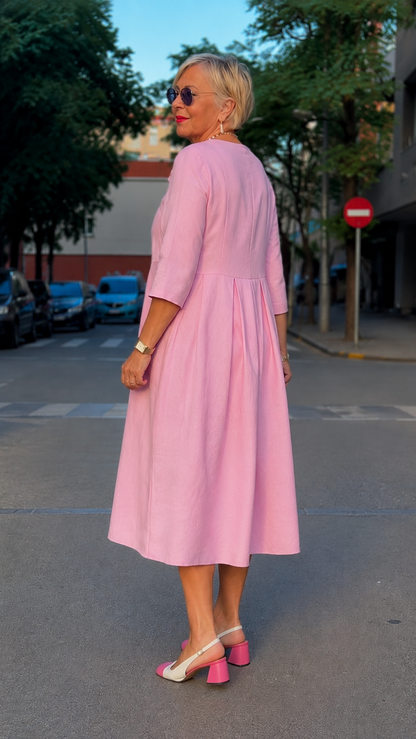 Elegant Pink Pleated Midi Dress with Button Collar Detail