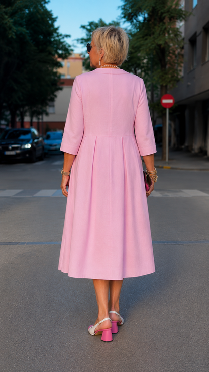 Elegant Pink Pleated Midi Dress with Button Collar Detail