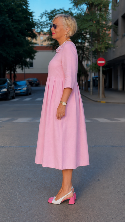 Elegant Pink Pleated Midi Dress with Button Collar Detail