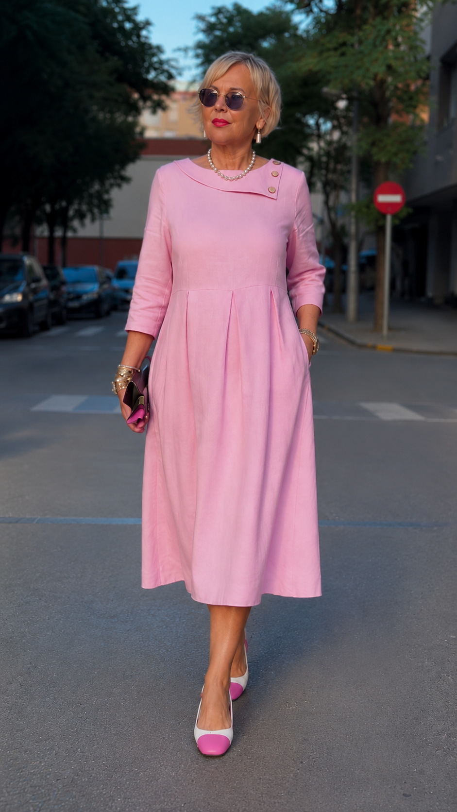Elegant Pink Pleated Midi Dress with Button Collar Detail