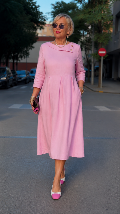 Elegant Pink Pleated Midi Dress with Button Collar Detail