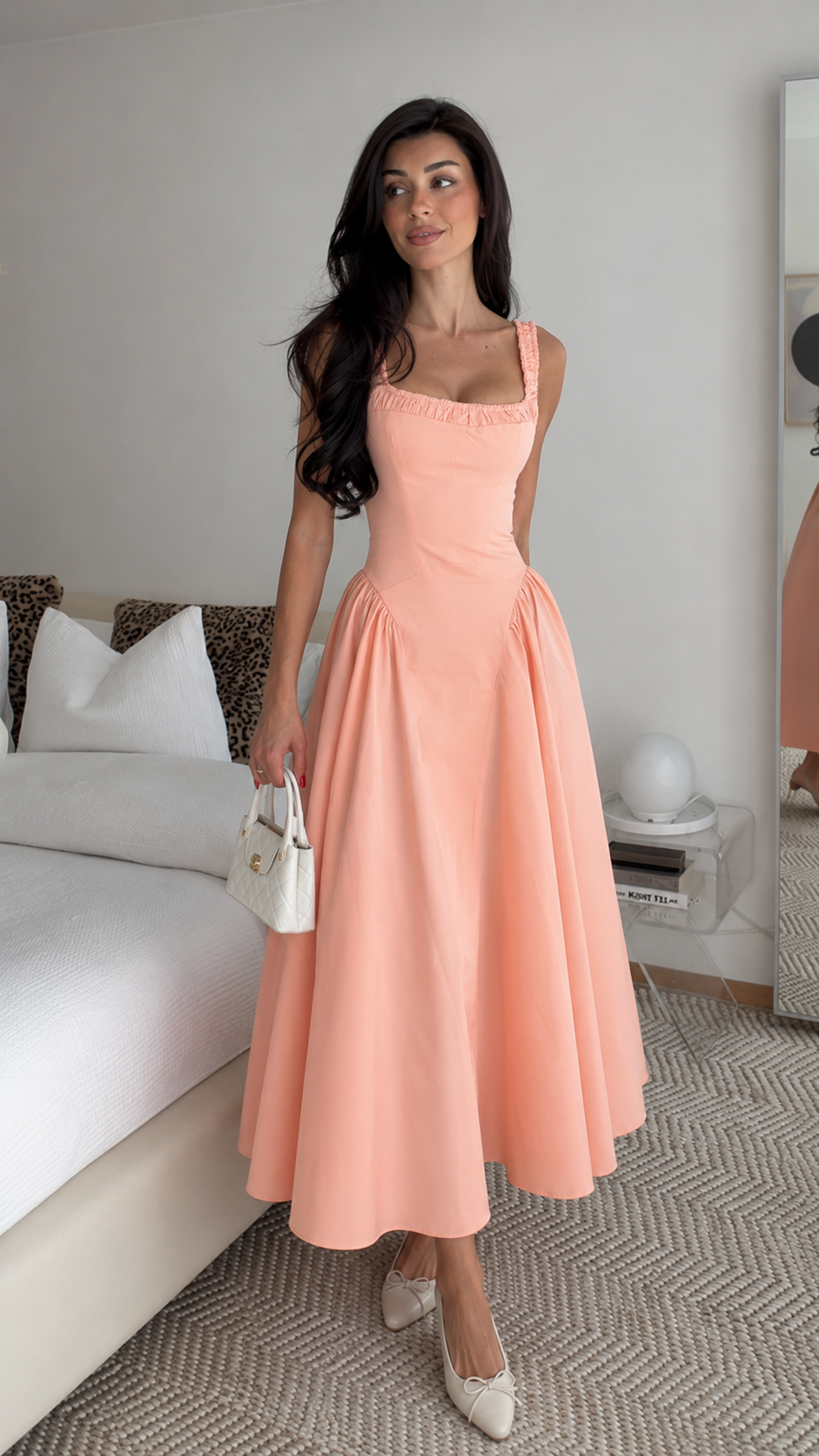 Ruched Strap Corset Fit & Flare Midi Dress