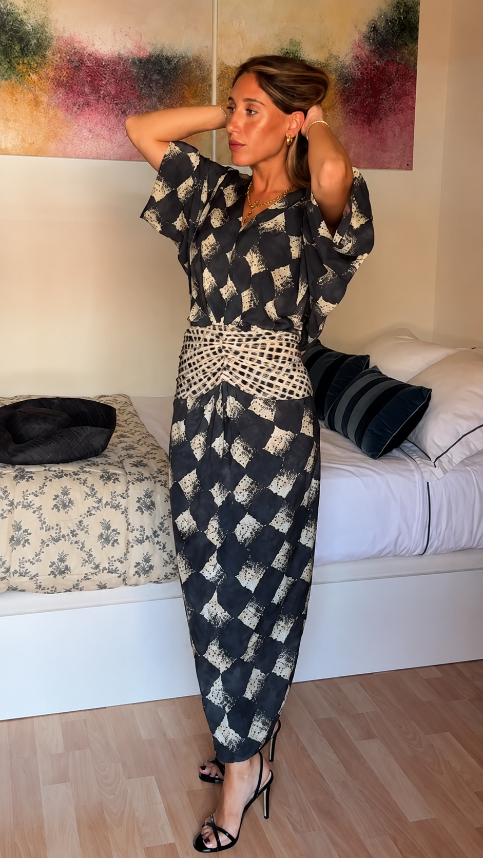 Crochet Waist Printed Kimono Maxi Dress