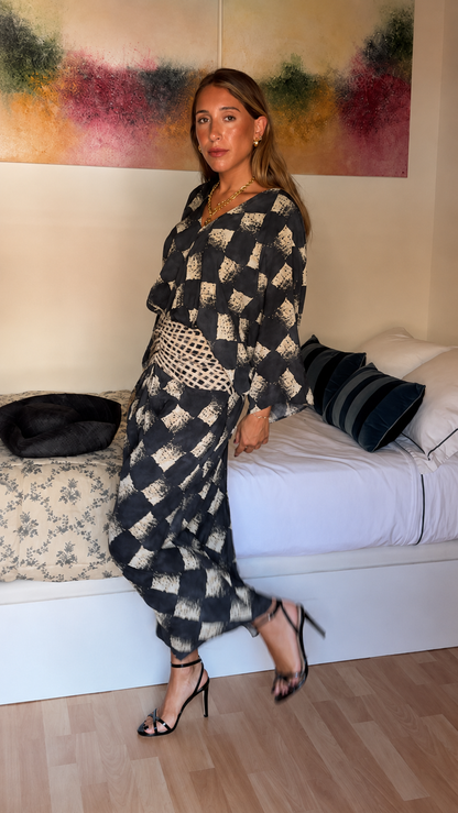 Crochet Waist Printed Kimono Maxi Dress