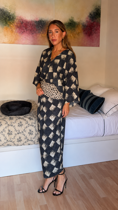 Crochet Waist Printed Kimono Maxi Dress