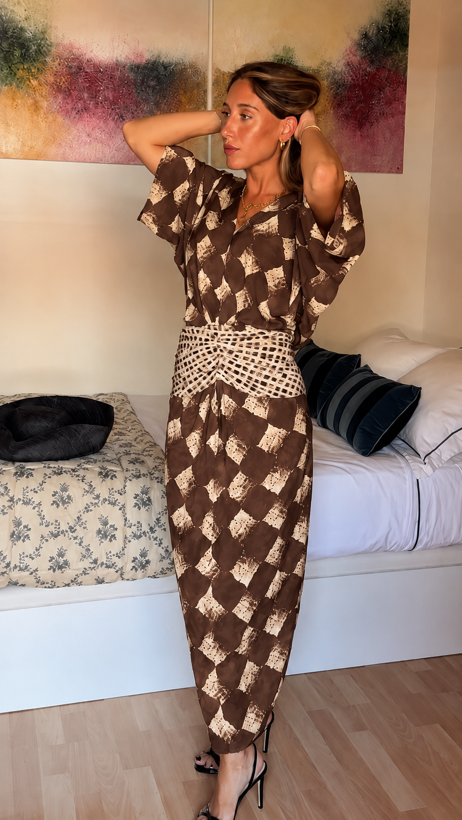 Crochet Waist Printed Kimono Maxi Dress