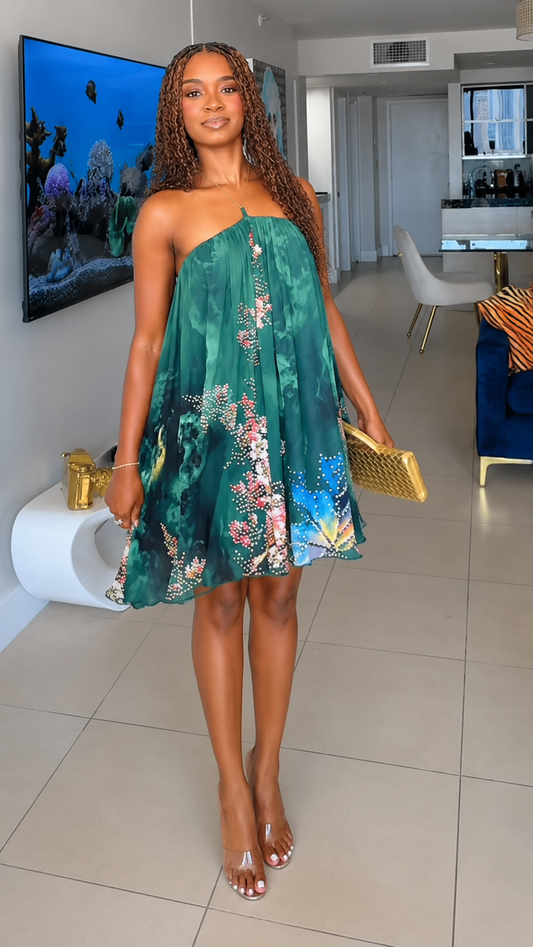 Embellished Printed Chiffon Swing Mini Dress