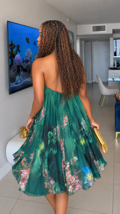 Embellished Printed Chiffon Swing Mini Dress