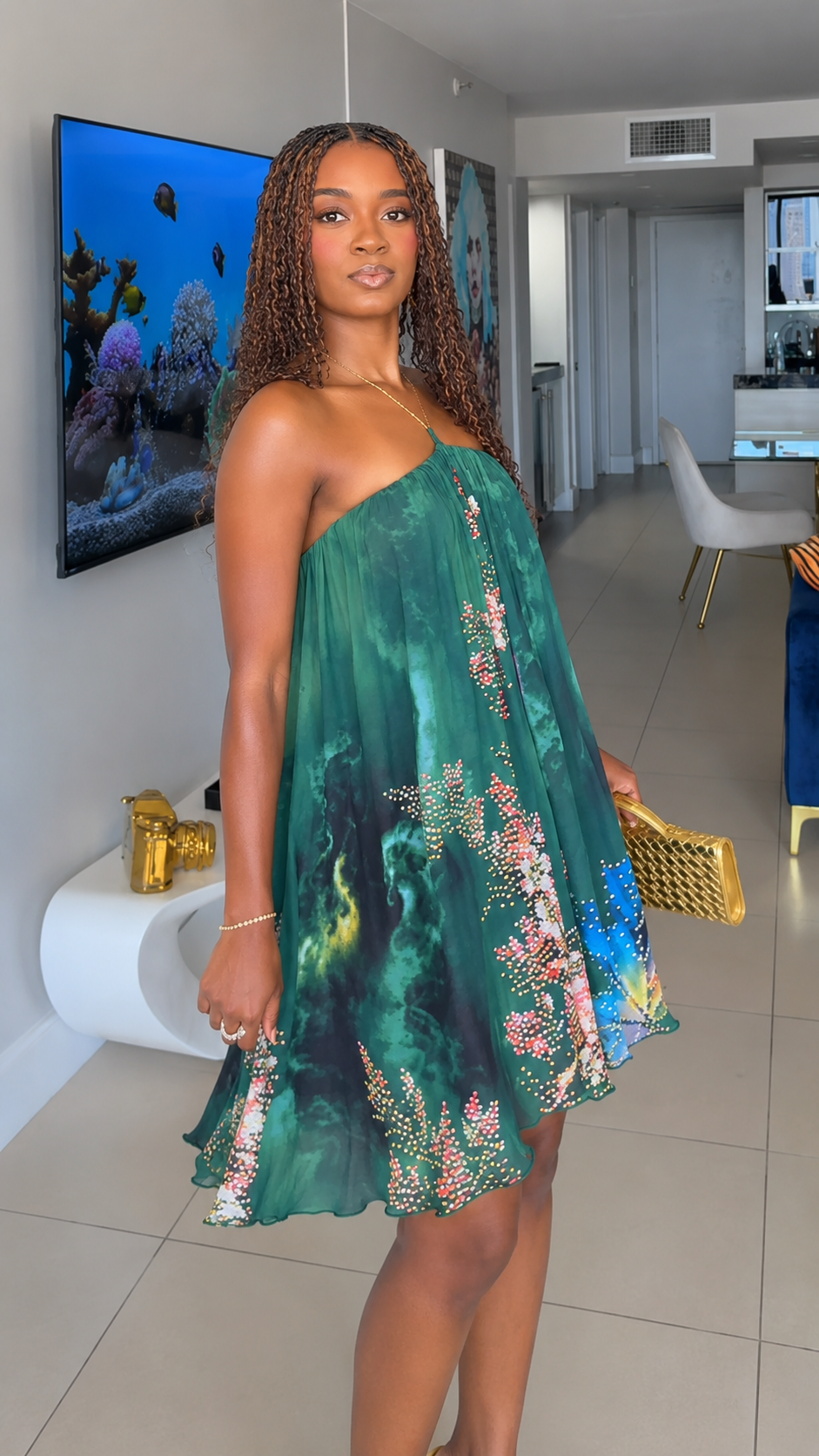 Embellished Printed Chiffon Swing Mini Dress