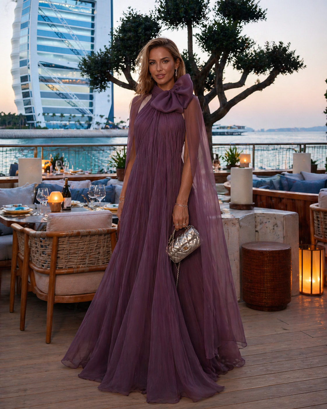 Purple Chiffon Halter Neck Gown Elegant Formal Evening Dress