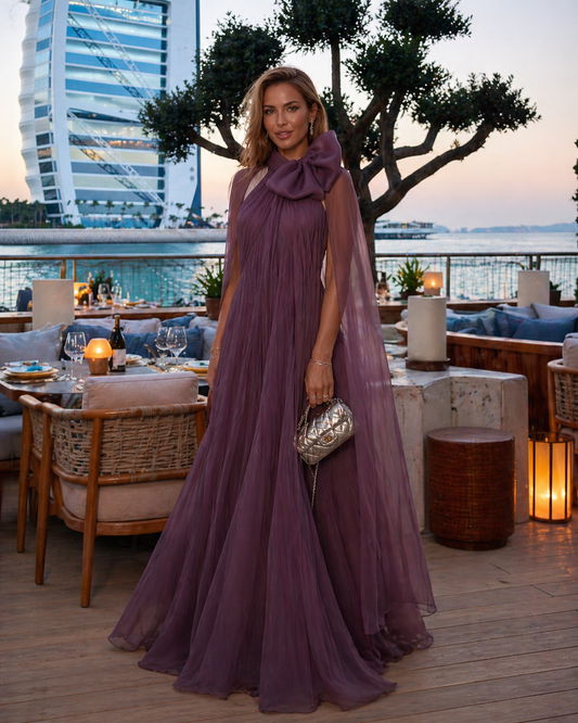 Purple Chiffon Halter Neck Gown Elegant Formal Evening Dress