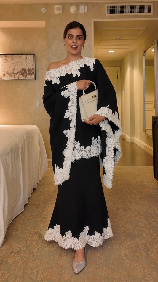 Lace Trim Cape Top & Maxi Skirt Set
