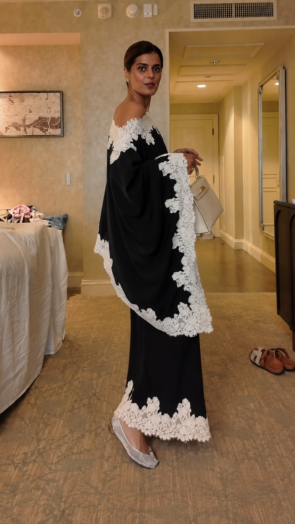 Lace Trim Cape Top & Maxi Skirt Set