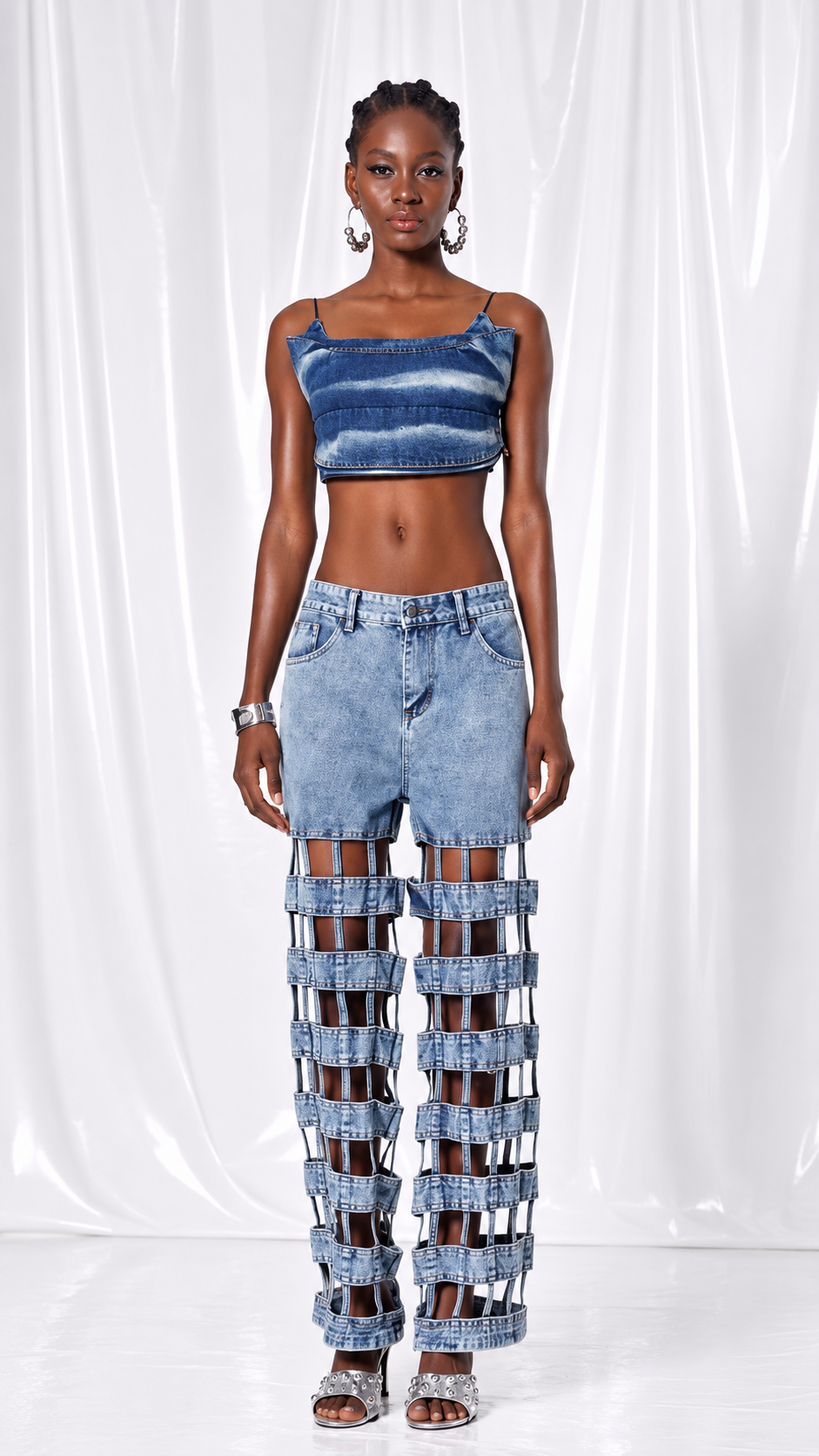 Denim Crop Top & Cutout Cage Jeans Set