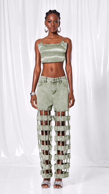 Denim Crop Top & Cutout Cage Jeans Set