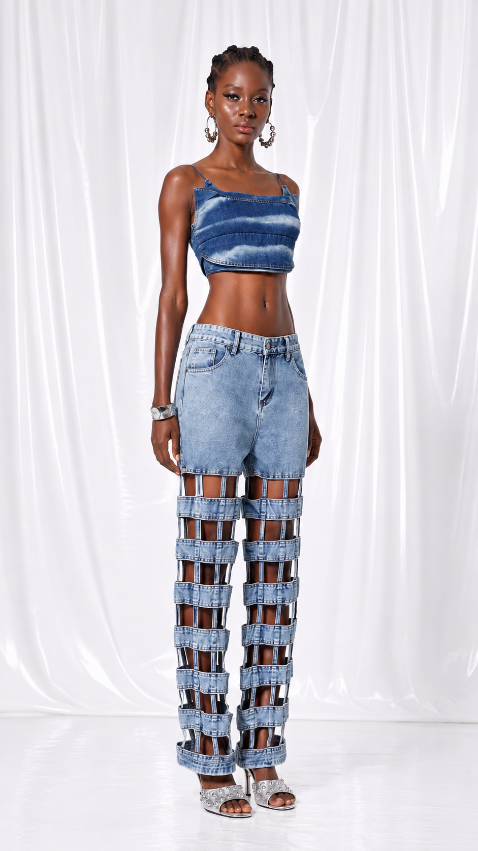 Denim Crop Top & Cutout Cage Jeans Set
