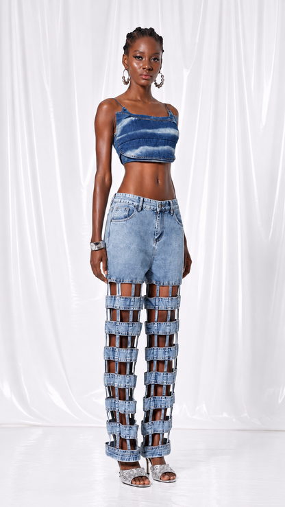 Denim Crop Top & Cutout Cage Jeans Set