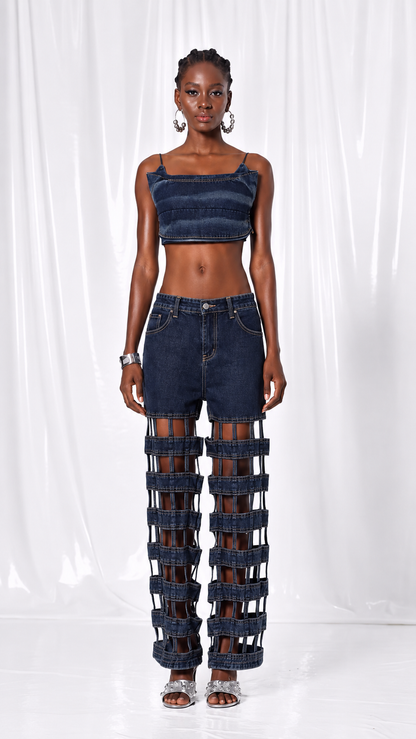 Denim Crop Top & Cutout Cage Jeans Set