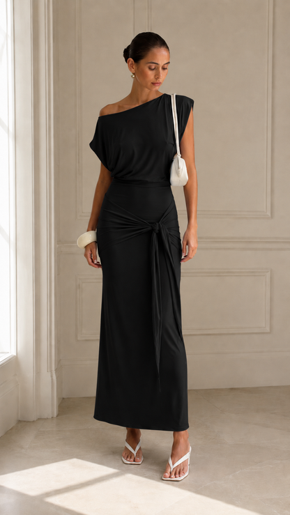 One-Shoulder Draped Tie-Waist Maxi Dress