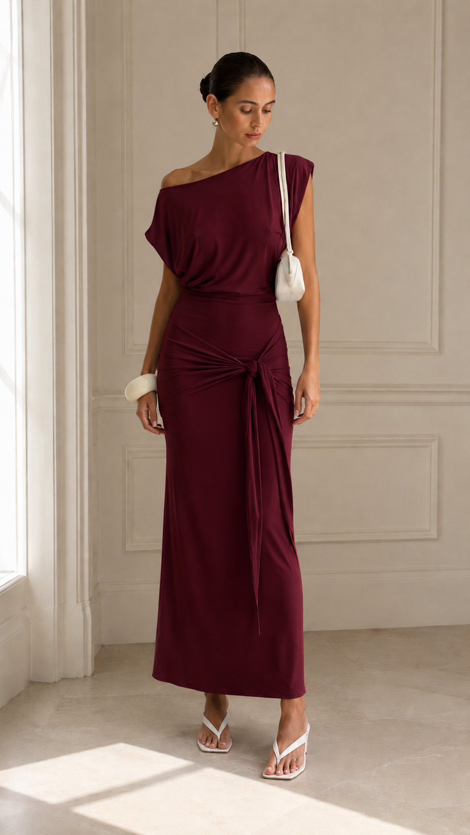 One-Shoulder Draped Tie-Waist Maxi Dress