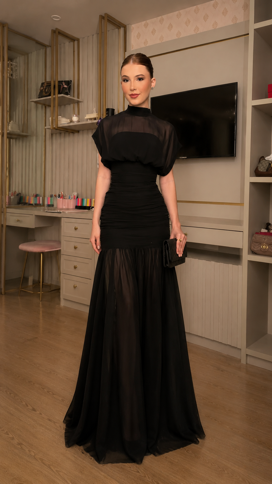 Sheer Mock Neck Ruched Mermaid Maxi Dress