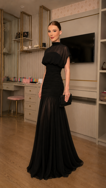 Sheer Mock Neck Ruched Mermaid Maxi Dress