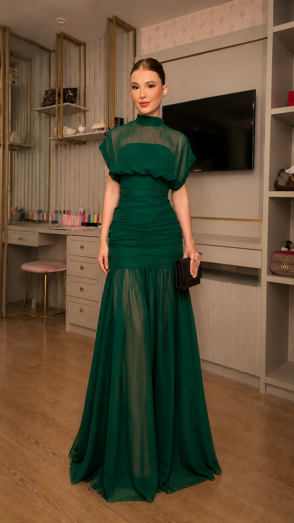 Sheer Mock Neck Ruched Mermaid Maxi Dress