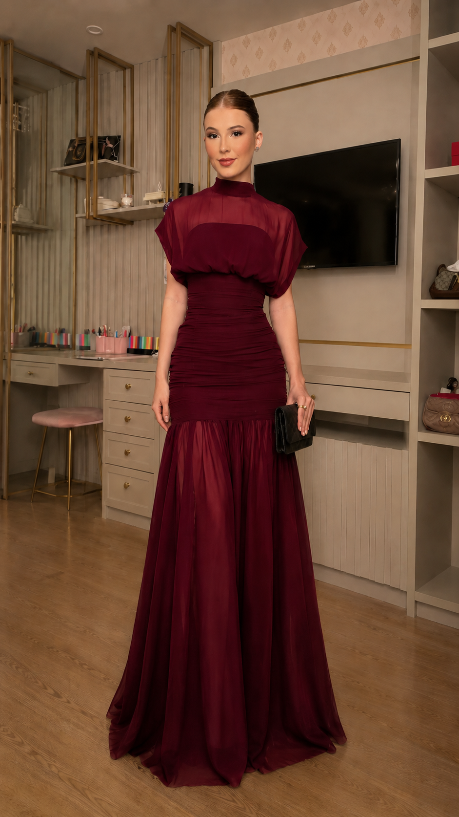 Sheer Mock Neck Ruched Mermaid Maxi Dress