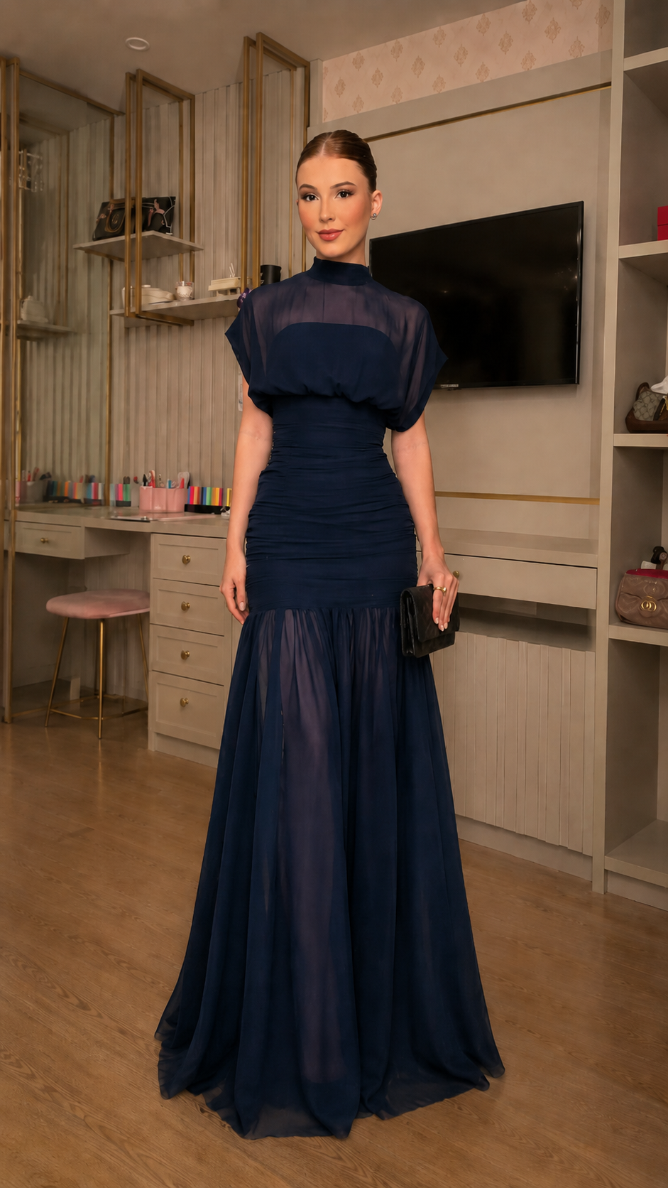 Sheer Mock Neck Ruched Mermaid Maxi Dress
