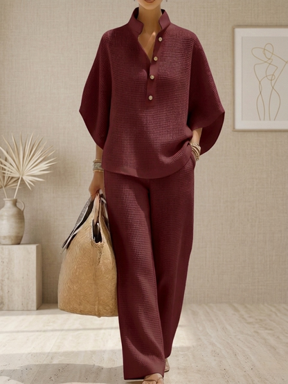 Hot Sales🔥Women's Waffle Two-Piece Set-Casual Shirt & Wide Leg Pants Outfit