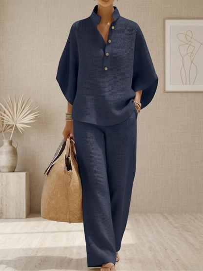Hot Sales🔥Women's Waffle Two-Piece Set-Casual Shirt & Wide Leg Pants Outfit