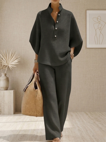 Hot Sales🔥Women's Waffle Two-Piece Set-Casual Shirt & Wide Leg Pants Outfit