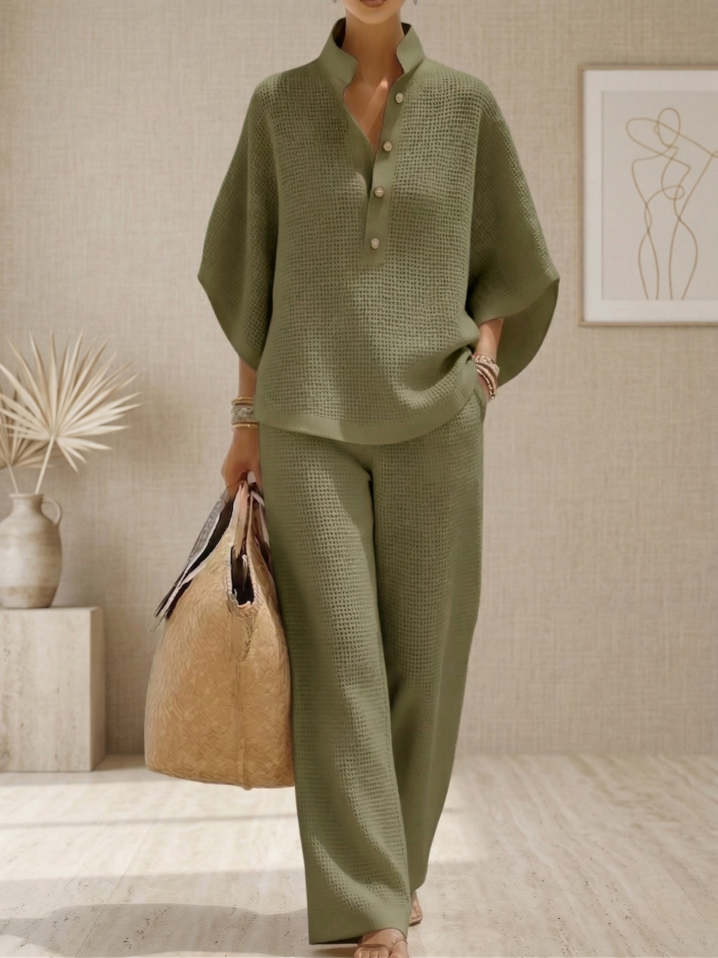 Hot Sales🔥Women's Waffle Two-Piece Set-Casual Shirt & Wide Leg Pants Outfit