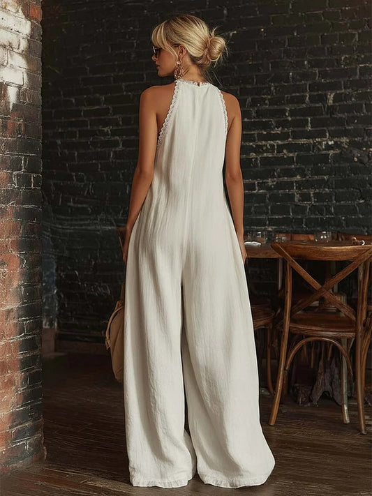 Women's Halter Neck Lace Trim Wide-Leg Jumpsuit