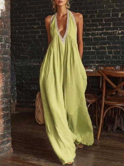 Women's Halter Neck Lace Trim Wide-Leg Jumpsuit