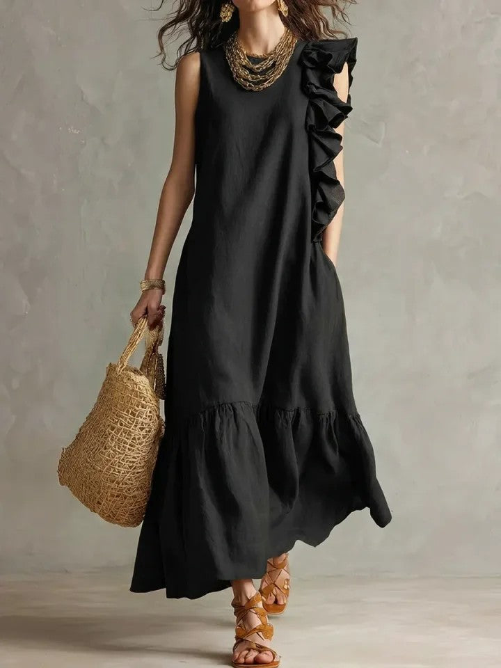 Women's Linen-Blend Asymmetrical Ruffle Maxi Dress