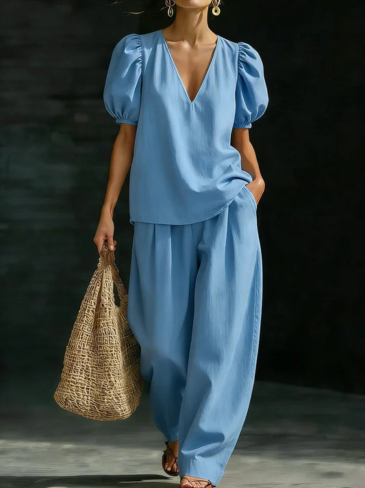 Women's Elegant V-Neck Puff Sleeve Two-Piece Wide Leg Pants Set