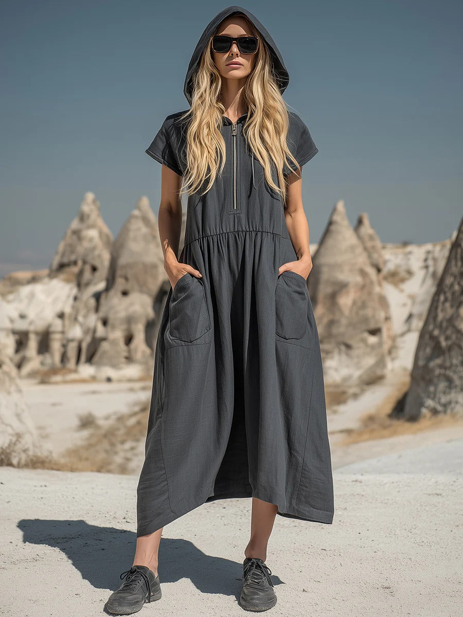 Women's Casual Hooded Midi Dress with Half-Zip & Pockets
