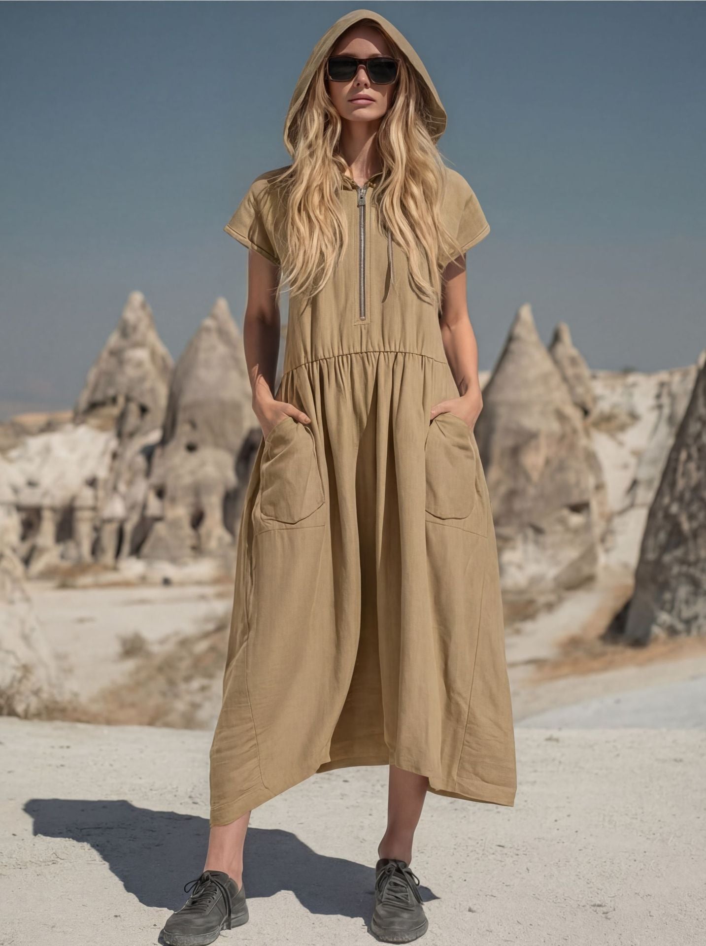 Women's Casual Hooded Midi Dress with Half-Zip & Pockets